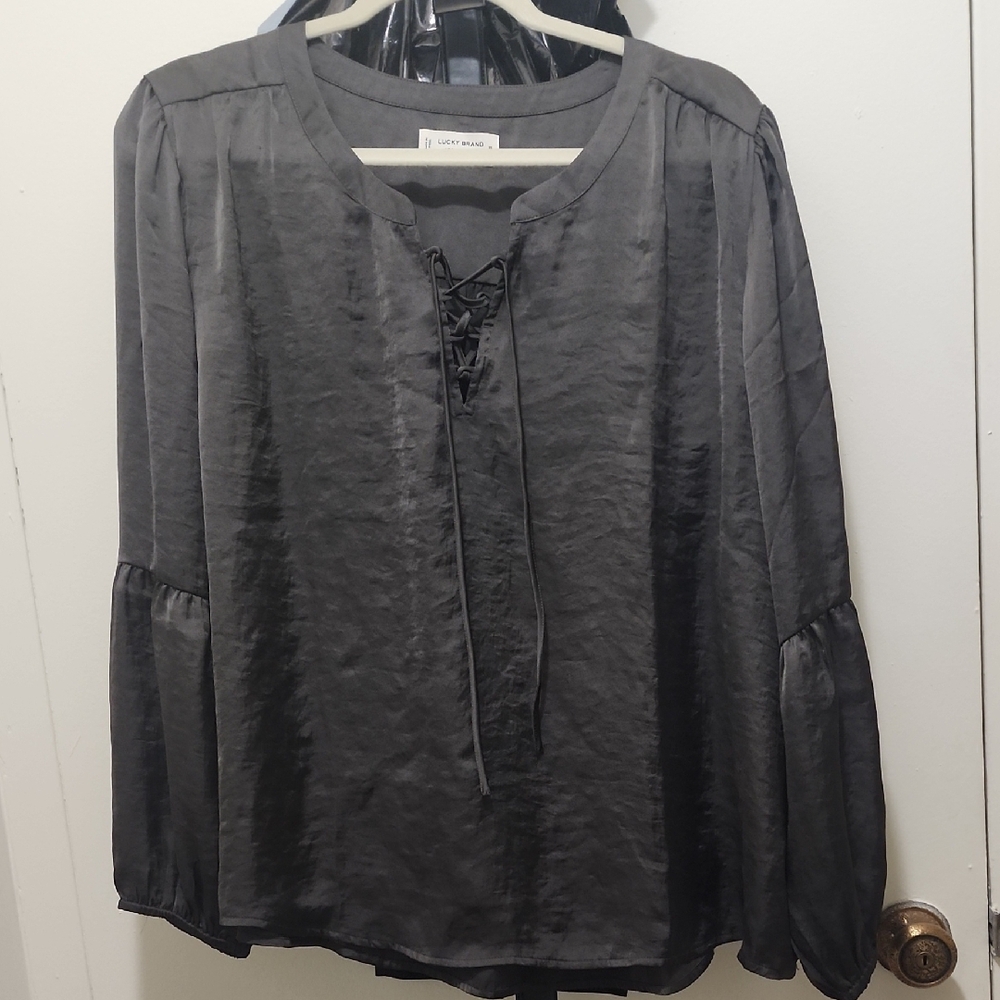 Lucky Brand Gray Bell Sleeve Blouse with Tie Front